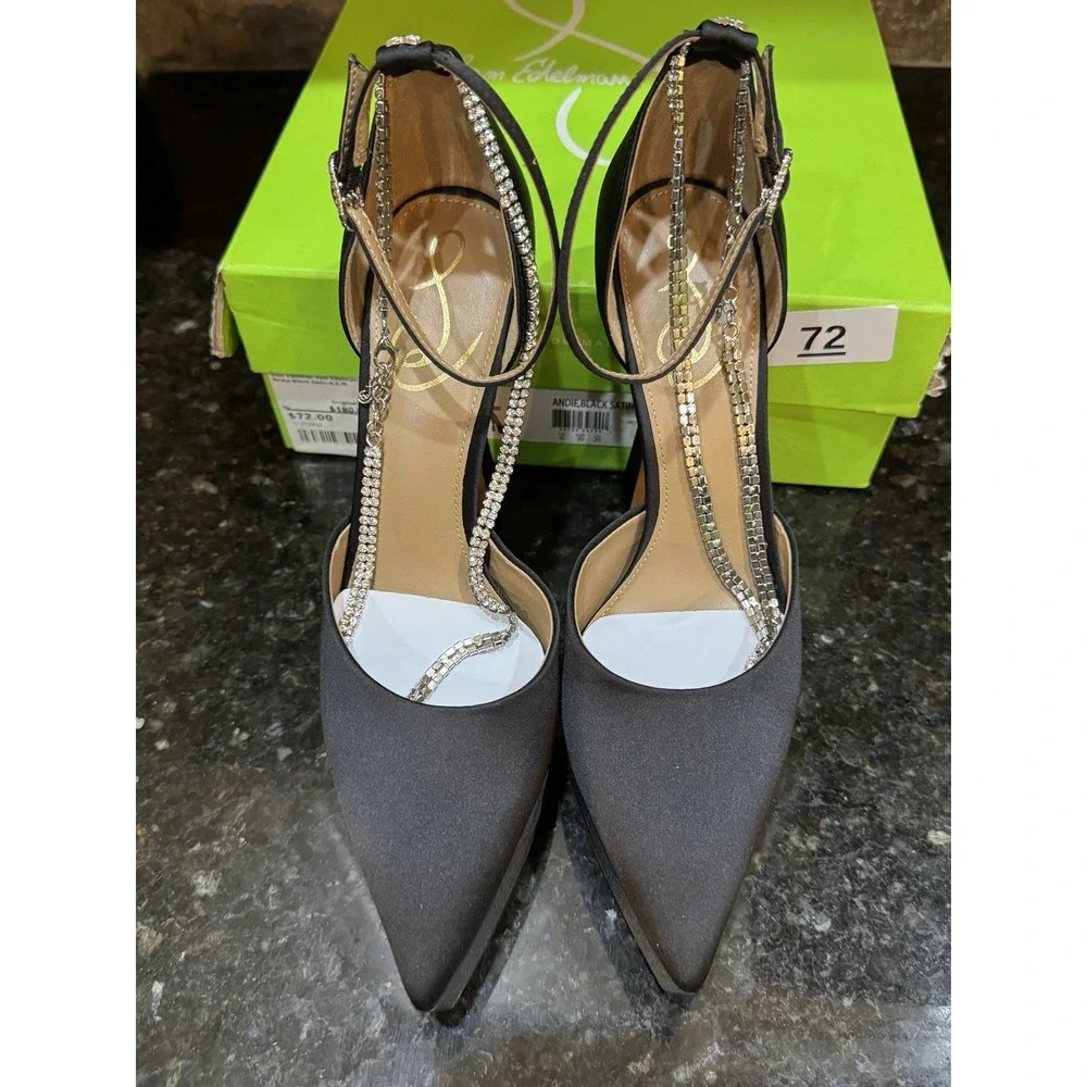 Sam Edelman Andie Pumps Black Satin Embellished Platform Heel Size 8.5